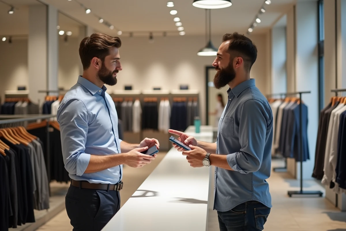 Homme avec smartphone discutant avec un vendeur dans un magasin de vêtements