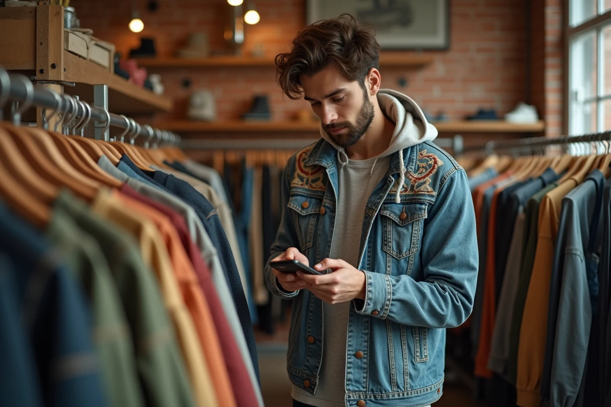 Jeune homme explorant des vêtements vintage en boutique