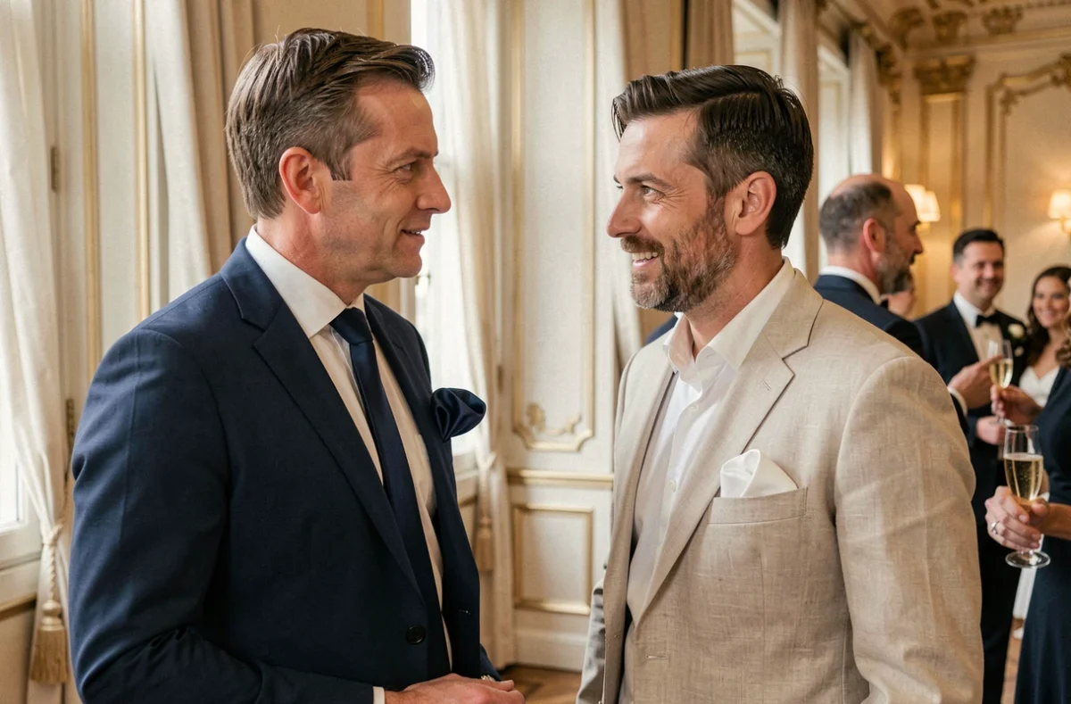 Deux hommes en costume lors d'une réception de mariage, comparaison de styles de pochette pliage bouffant et présidentiel en contexte élégant