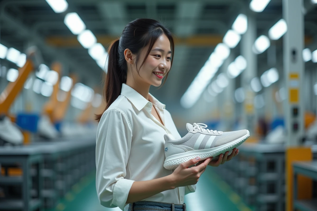 Jeune femme inspectant une sneaker dans une usine moderne