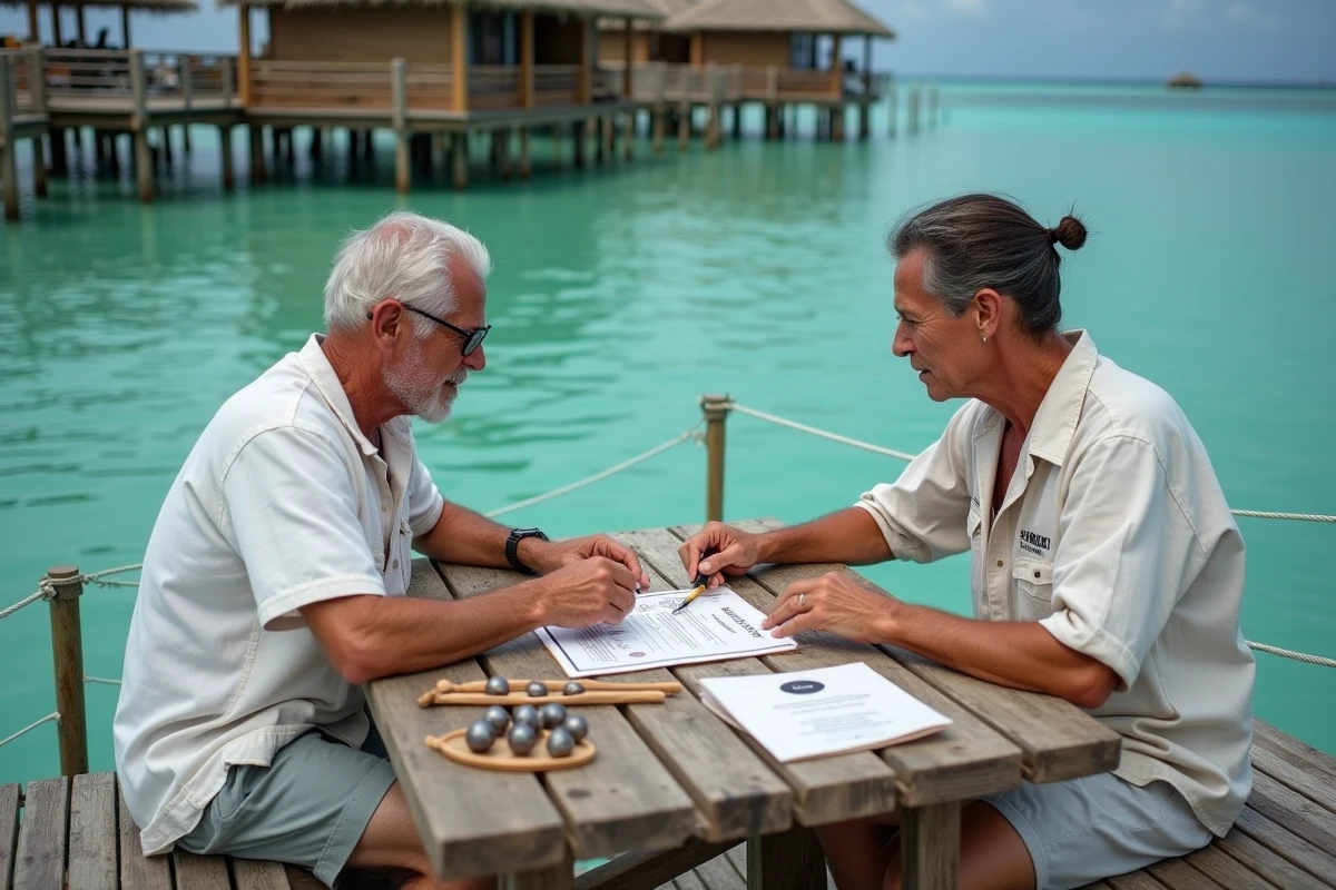 Un couple de touristes et un perliculteur tahitien examinent des perles de Tahiti triées par qualité sur un ponton d'une ferme perlière au-dessus d'un lagon turquoise en Polynésie française.