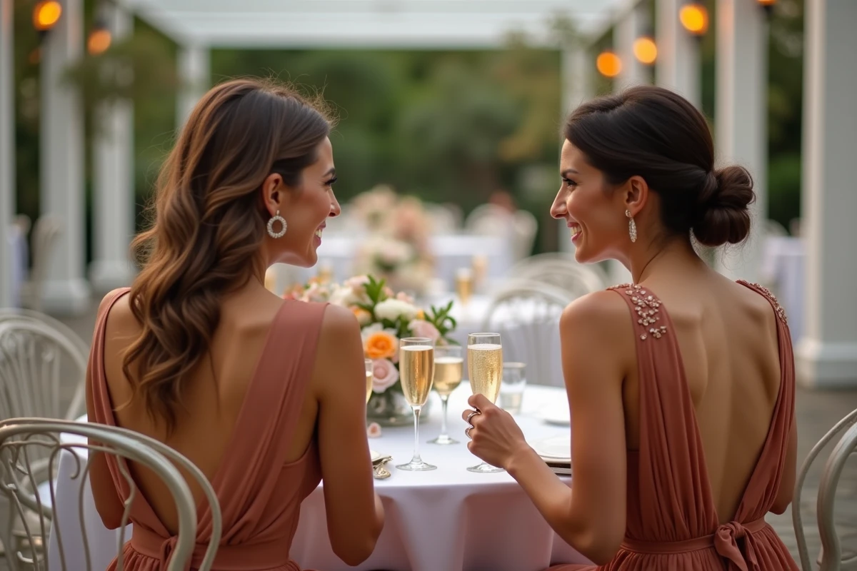 Deux invitées de mariage assises à une table de réception, l'une en robe longue terracotta à dos nu, comparant leurs tenues