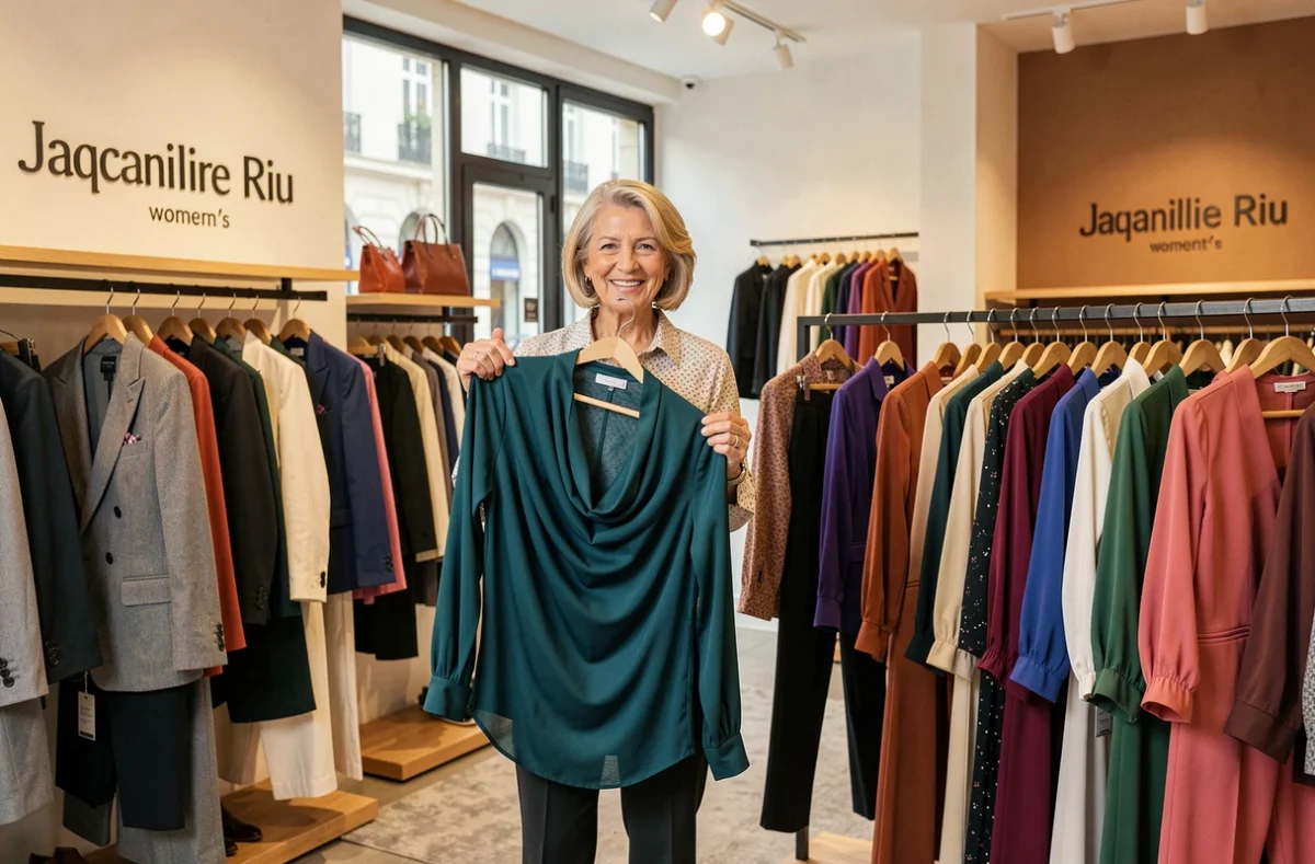Femme mature admirant un chemisier élégant dans une boutique Jacqueline Riu au Mans