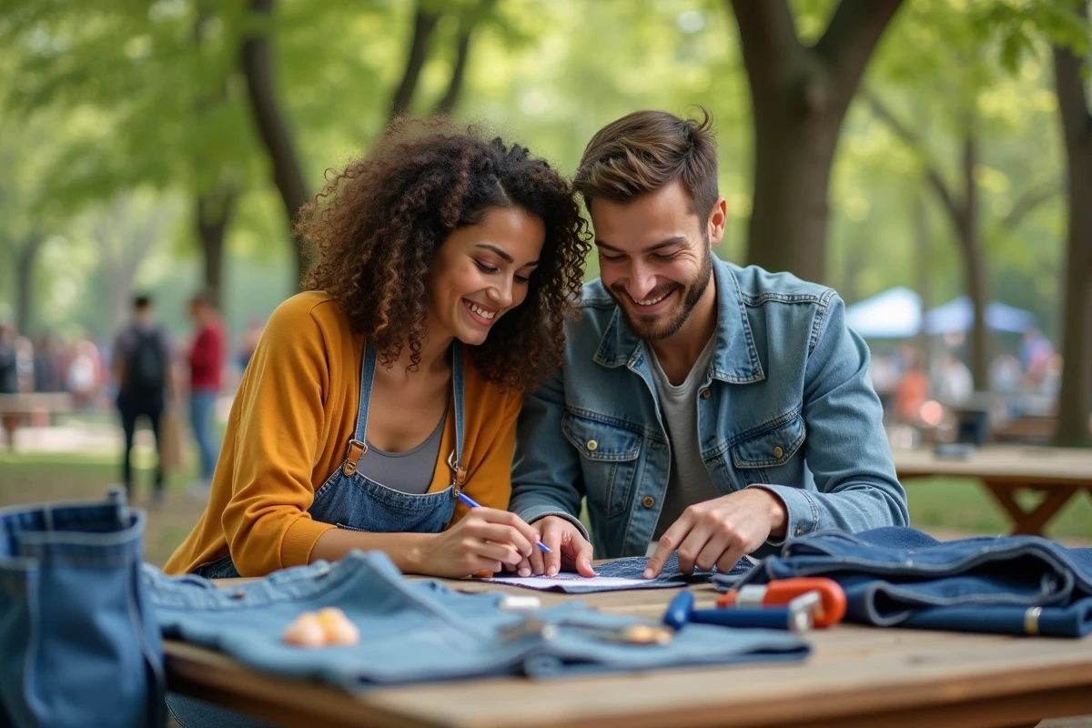Jeune homme et femme fabriquant des sacs en jeans recyclés