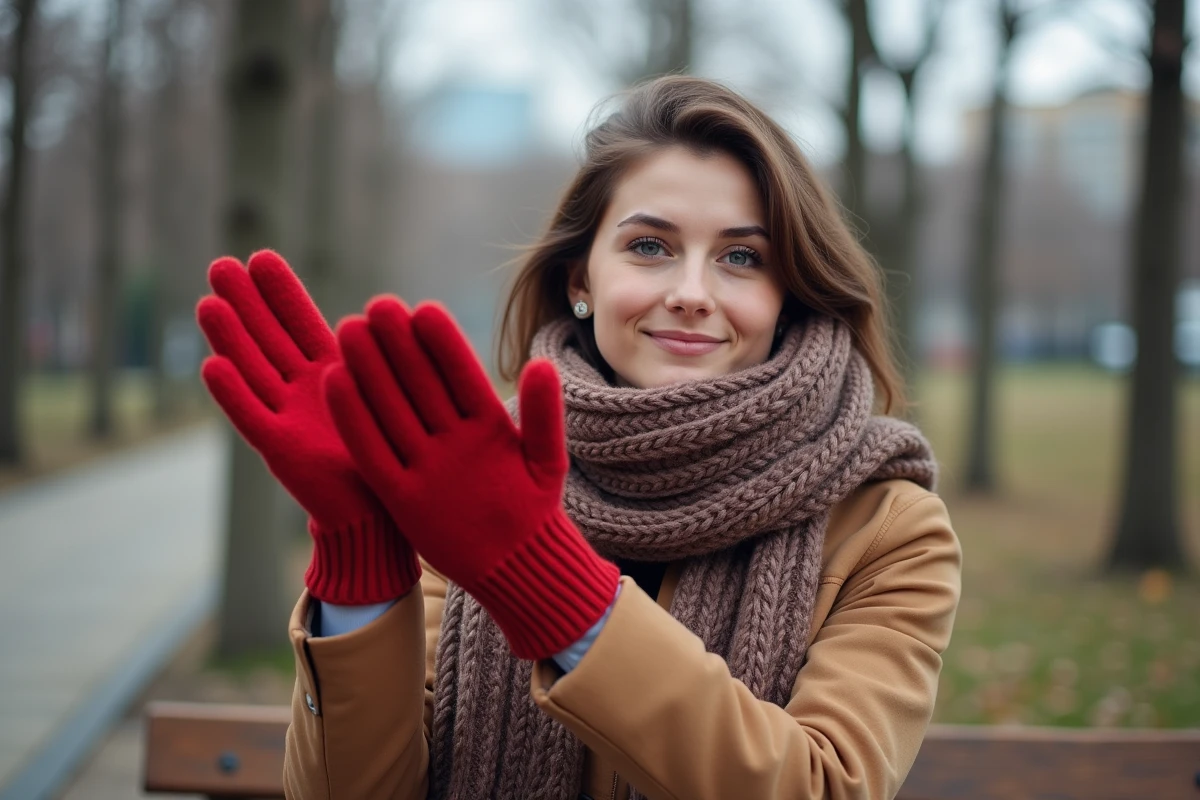 Jeune femme avec gants rouges dans un parc au printemps