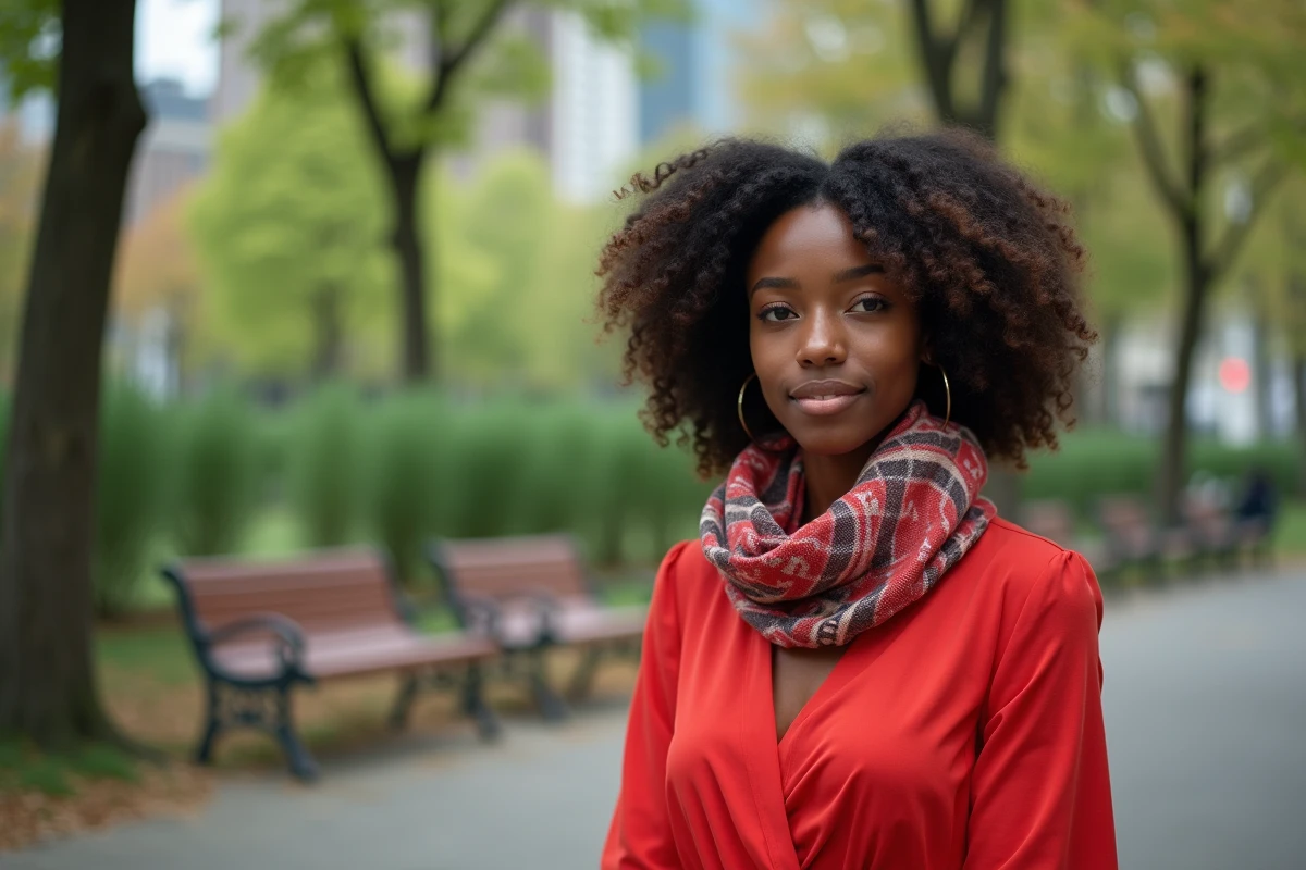 Jeune femme noire portant une robe rouge dans un parc urbain