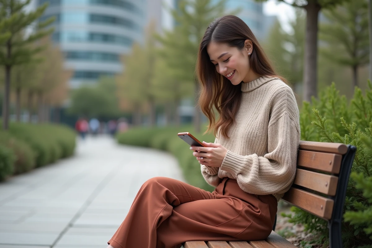 Jeune femme en sweater et pantalon large dans un parc urbain