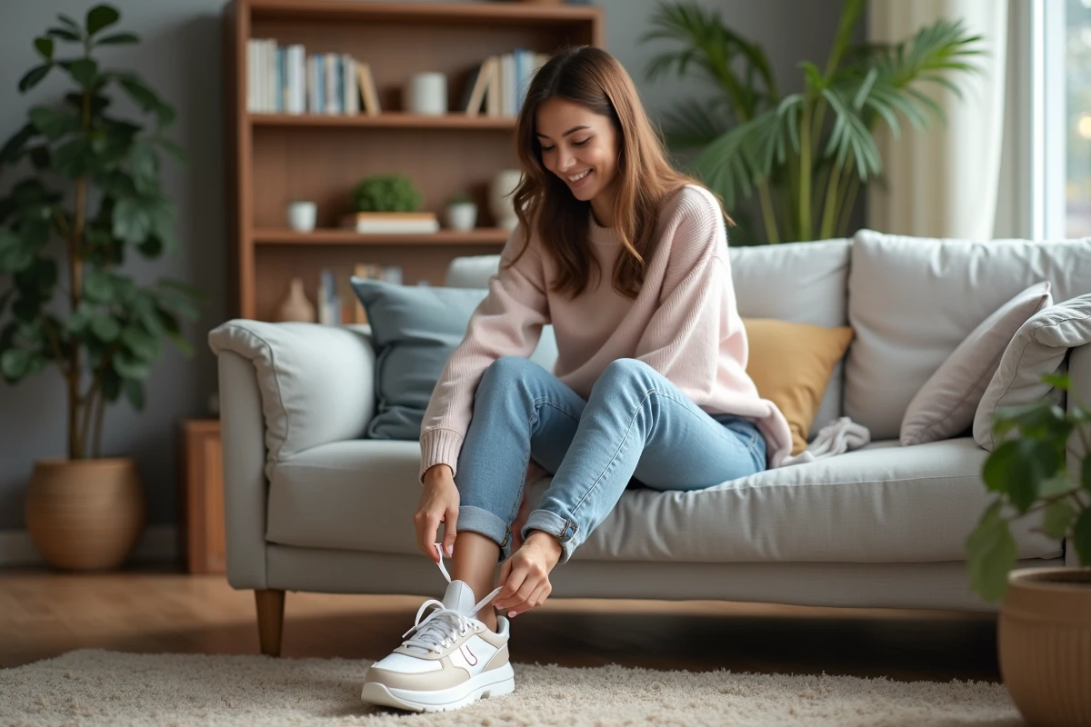 Jeune femme assise sur un canapé en train de lacer ses sneakers stylés