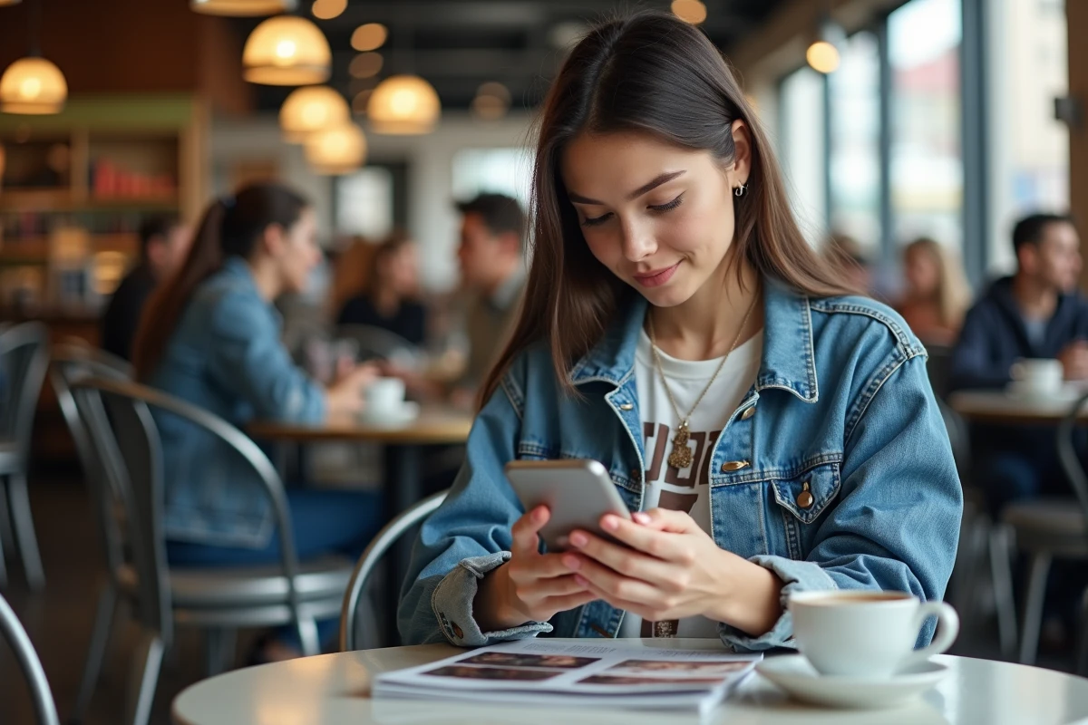 Jeune femme en streetwear dans un café moderne