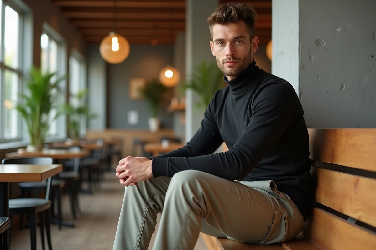 Jeune homme en pantalon cargo dans un café moderne