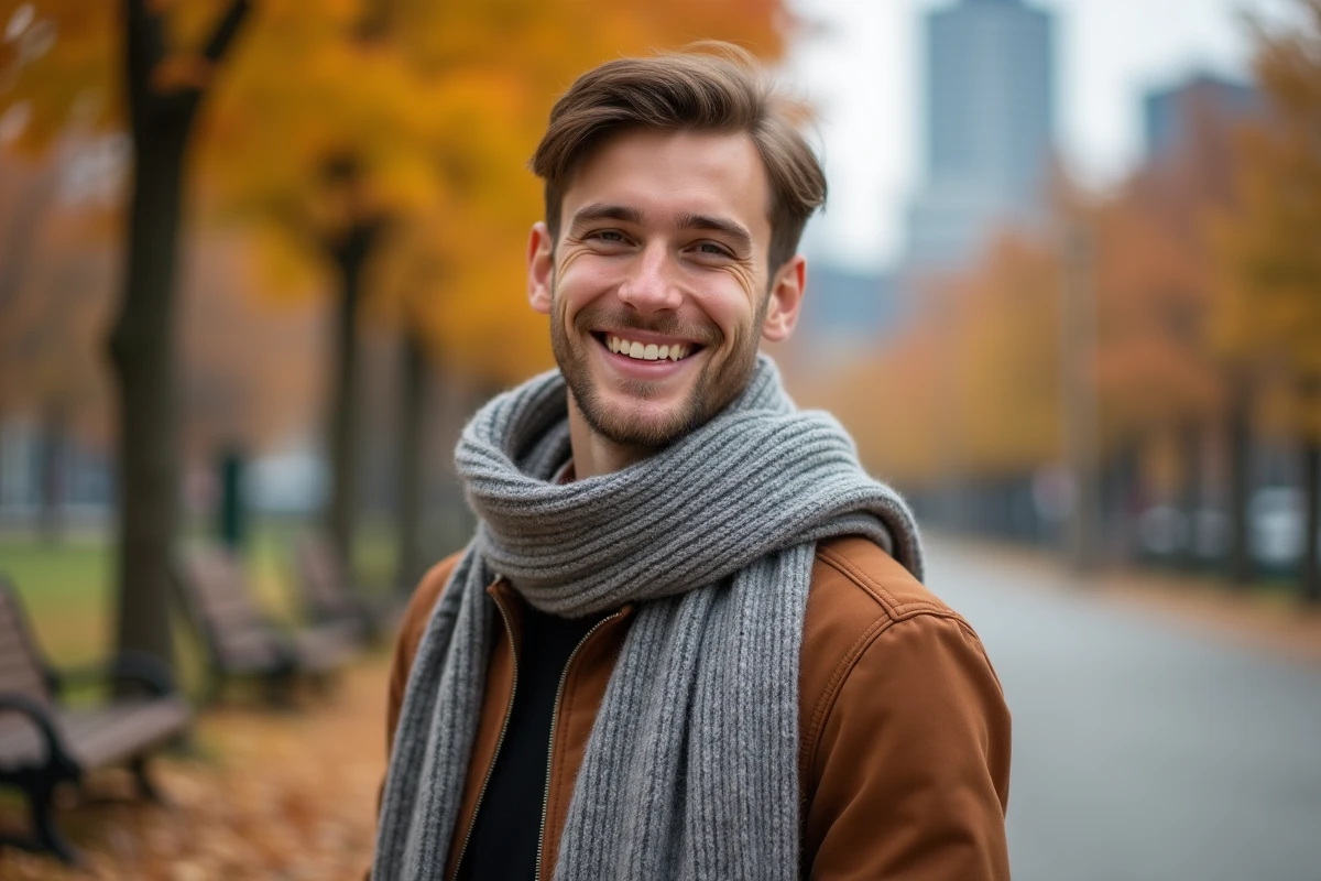 Jeune homme portant une echarpe tricotée dans un parc en automne