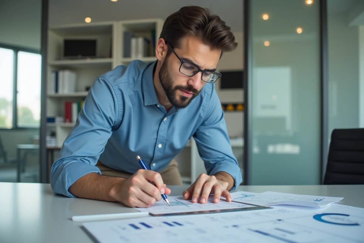 Jeune homme prenant des notes en mesurant un bureau