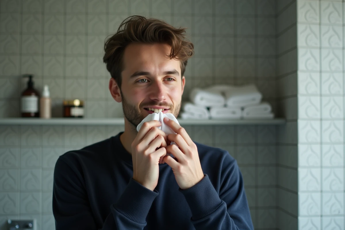 Jeune homme se maquillant dans une salle de bain moderne