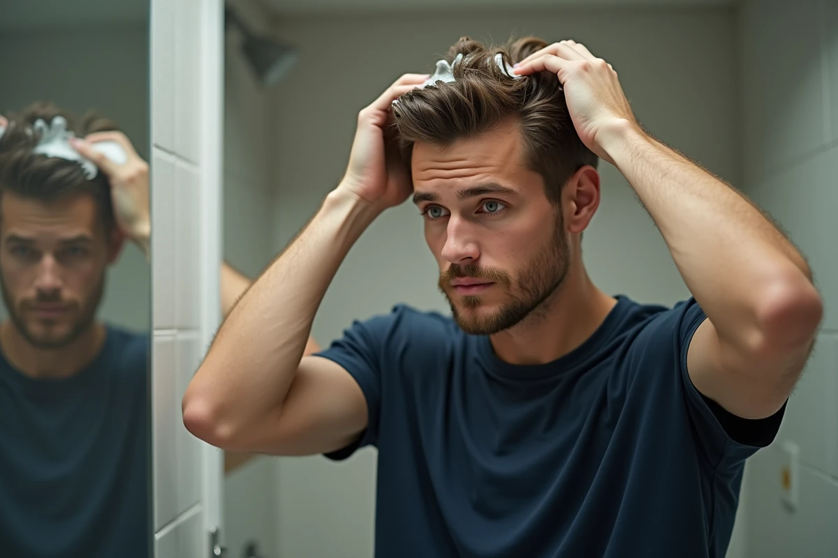Jeune homme appliquant un soin capillaire dans sa salle de bain
