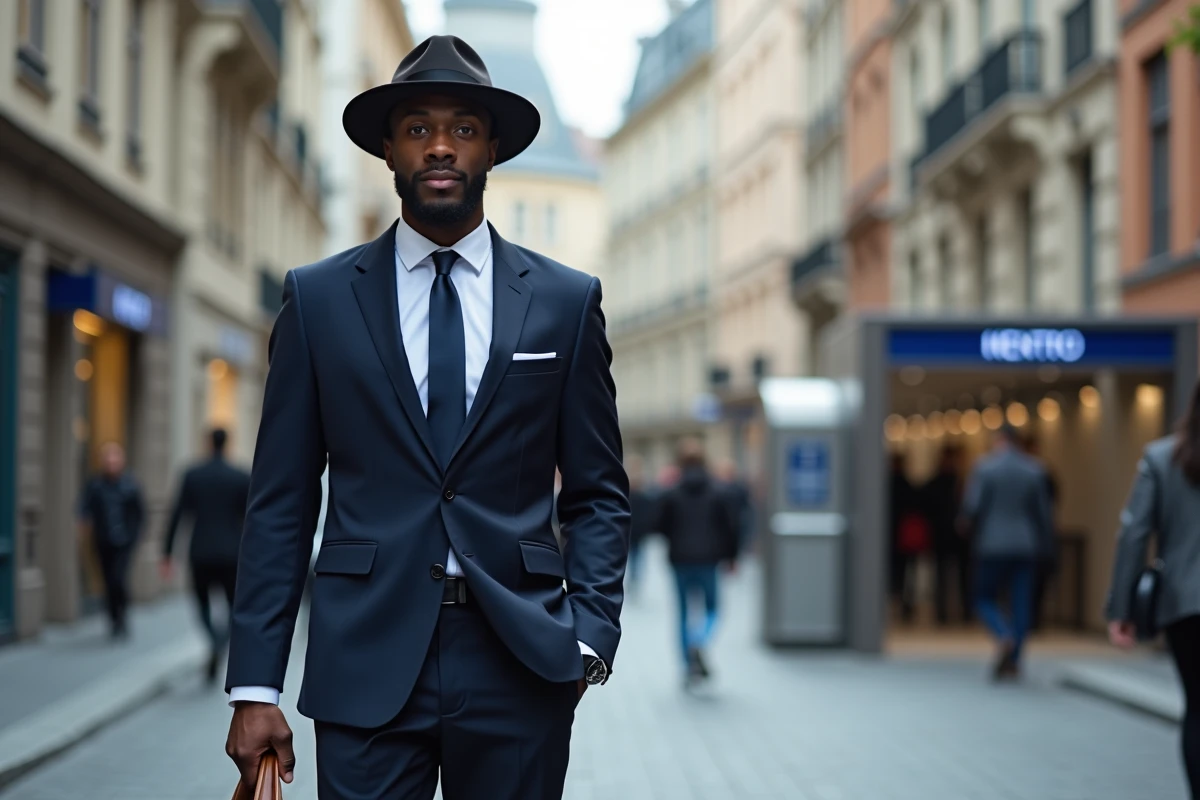 Jeune homme noir en costume dans la ville européenne