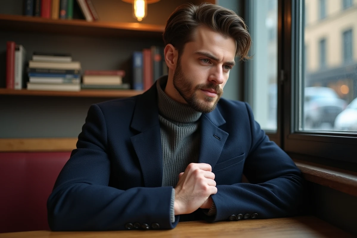 Jeune homme en manteau bleu dans un cafe vintage