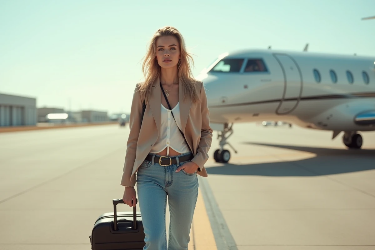 Jeune star en voyage avec jet privé sur piste