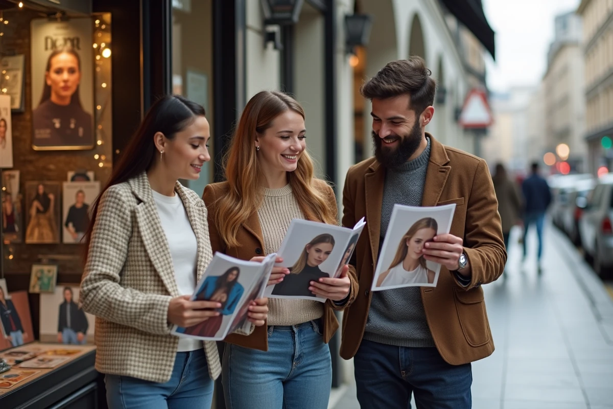 Jeunes adultes discutant avec magazines de mode en ville