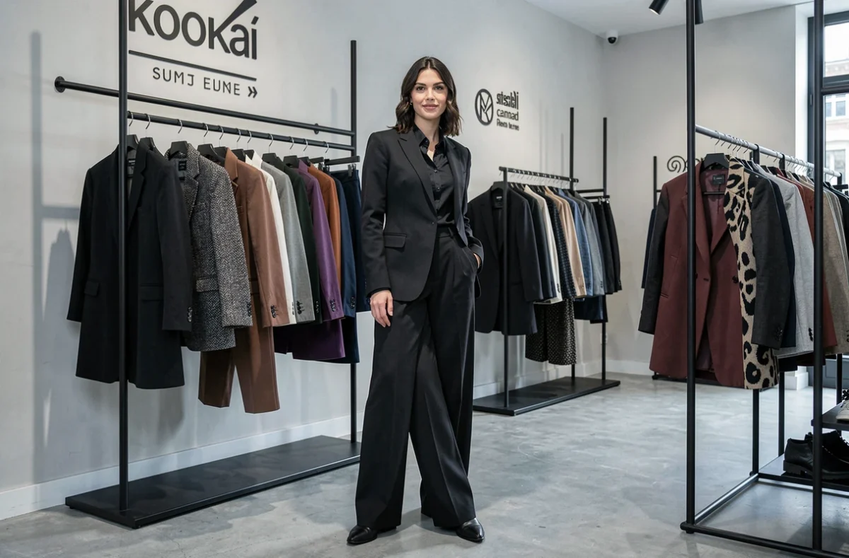 Femme stylée en tailleur moderne dans une boutique Kookaï au Mans