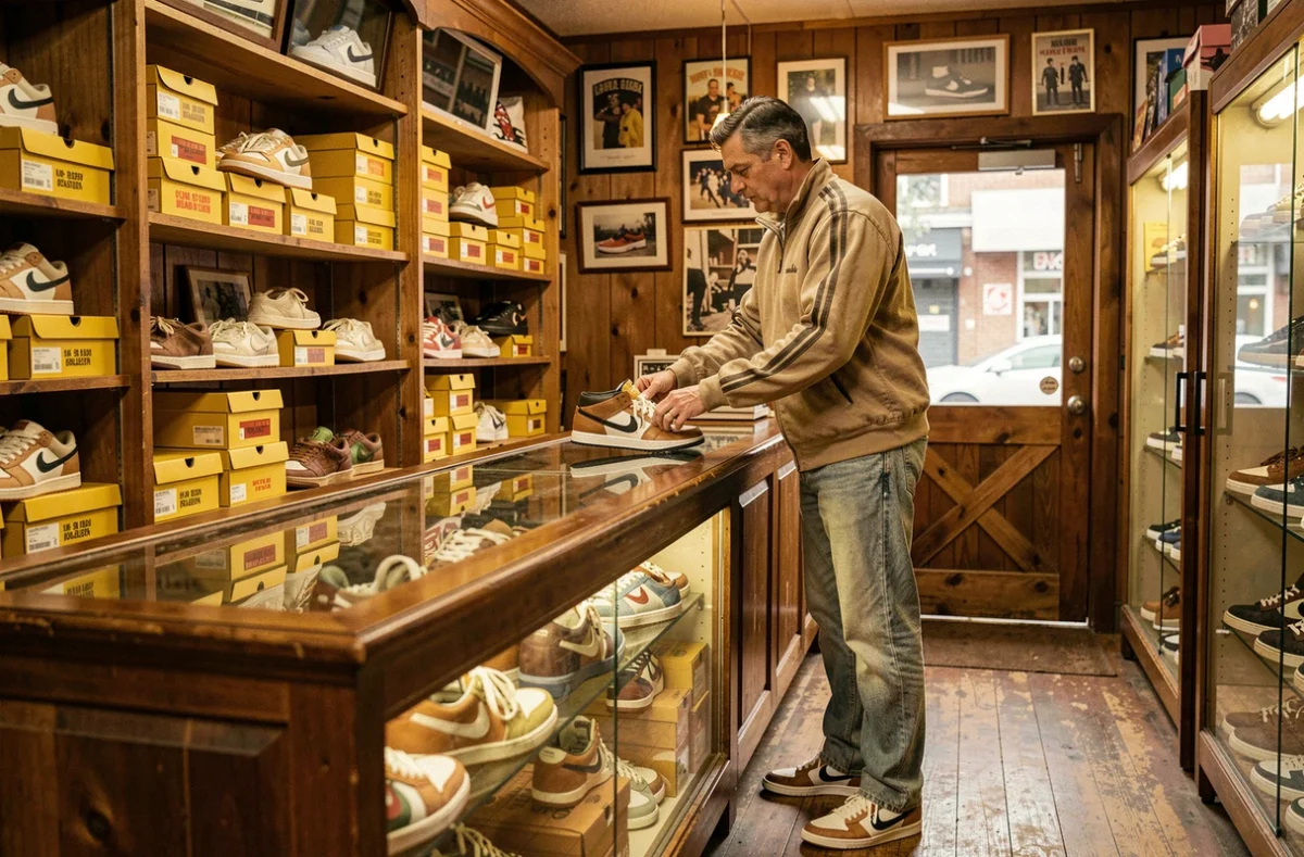 Intérieur de Larry Deadstock Paris avec un propriétaire manipulant des sneakers vintage neuves dans leur boîte d'origine dans une ambiance de collection nostalgique