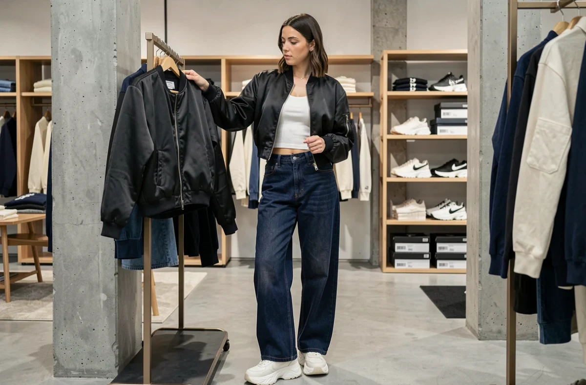 Femme en look streetwear avec bomber jacket et jean large indigo dans une boutique de mode urbaine moderne