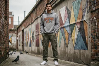 Jeune homme en tenue streetwear homme avec hoodie oversize gris et cargo kaki devant un mur urbain texturé