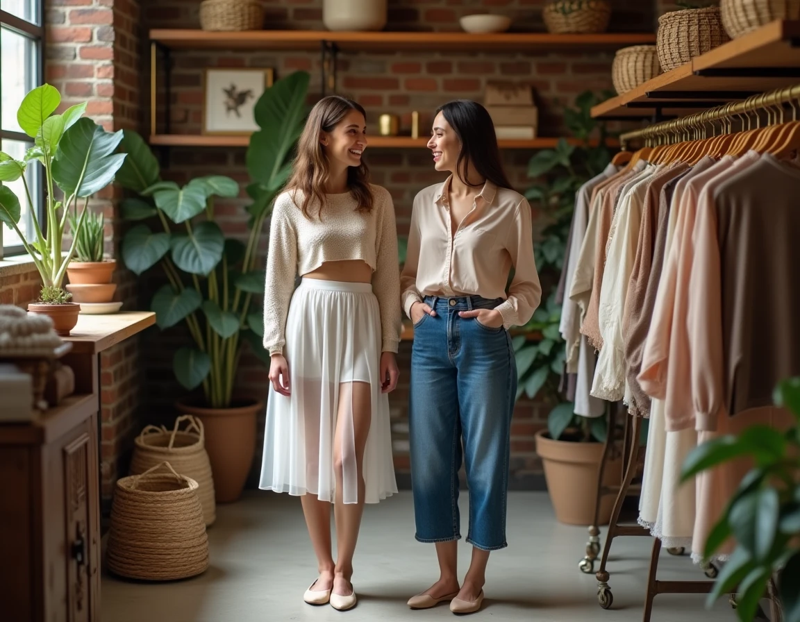 Deux femmes aux looks tendance 2026 dans une boutique vintage, jupe organza et denim taille haute, ambiance mode éditoriale