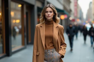 Femme élégante en tenue inspirée des tendances 2026 dans une rue urbaine, blazer camel oversize et pantalon large à carreaux