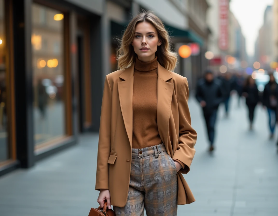 Femme élégante en tenue inspirée des tendances 2026 dans une rue urbaine, blazer camel oversize et pantalon large à carreaux