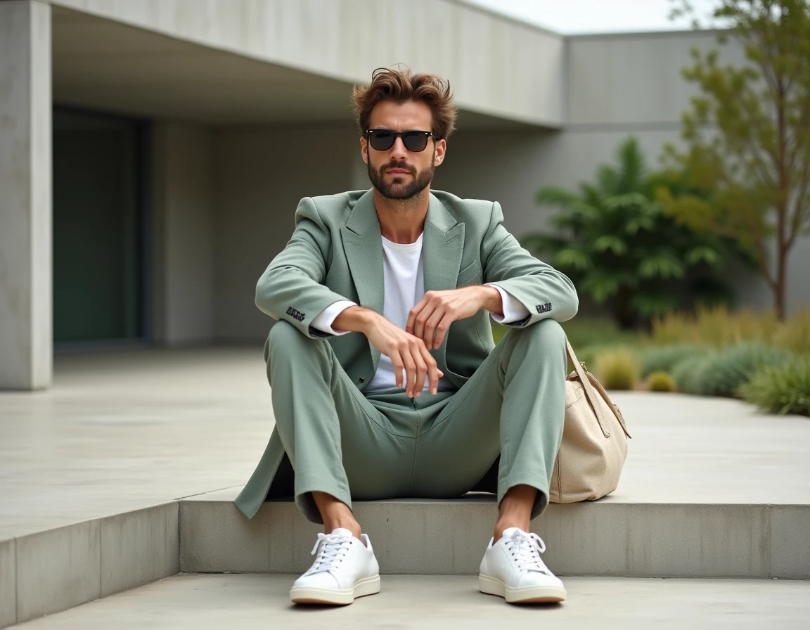 Homme en costume vert sauge tendance 2026 assis sur des marches en béton dans un quartier architectural contemporain