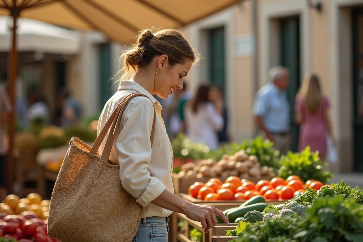 Femme faisant ses courses au marché ouvert à Marseille un dimanche matin avec des étals de fruits et légumes colorés