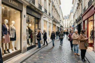 Rue commerçante animée au Mans avec des vitrines de boutiques de prêt-à-porter féminin