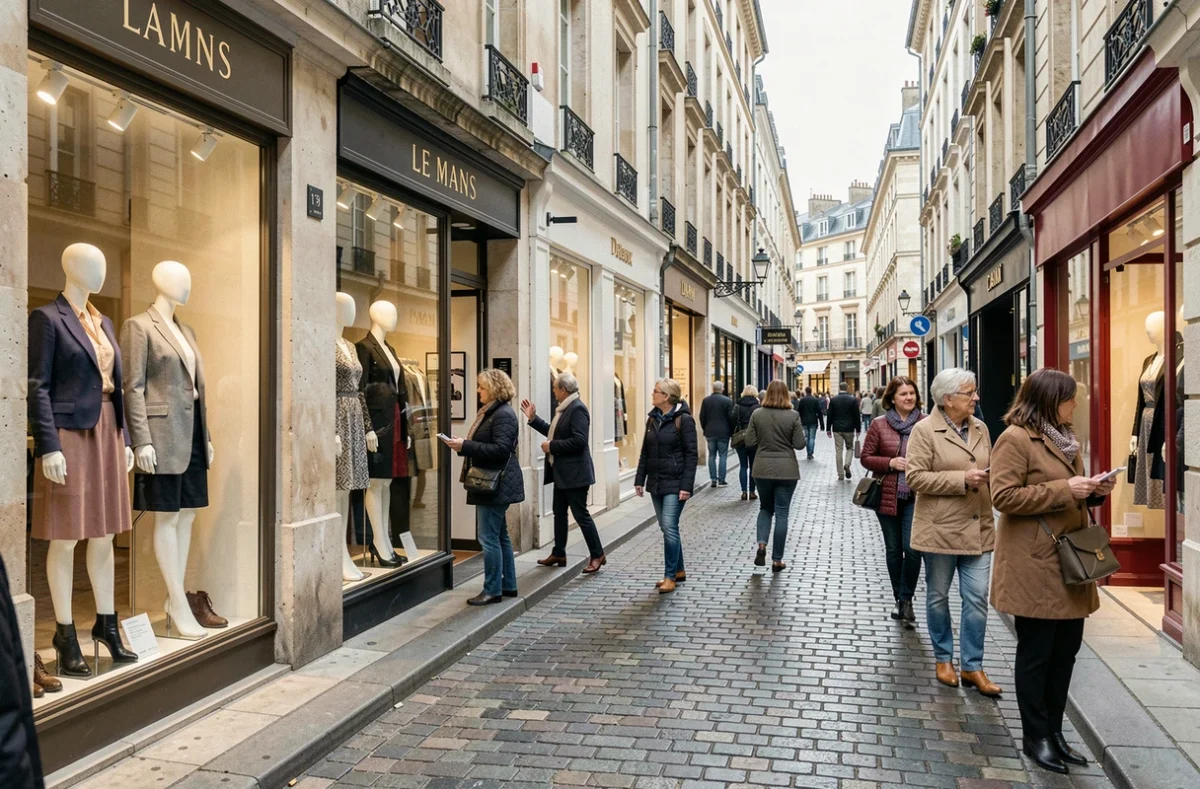 Rue commerçante animée au Mans avec des vitrines de boutiques de prêt-à-porter féminin