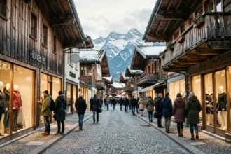 Rue commerçante de Haute-Savoie avec des boutiques de vêtements dans des chalets alpins traditionnels