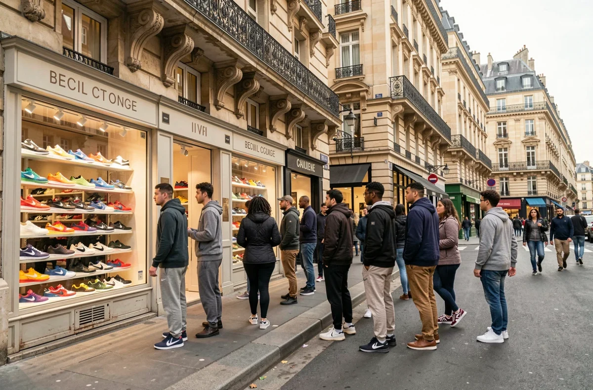 Rue parisienne animée avec des boutiques de baskets et des passionnés de sneakers en train de découvrir les vitrines