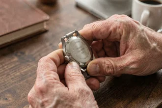 Montre homme personnalisée tenue dans des mains masculines, posée sur un bureau en bois avec gravure visible sur le fond de boîtier