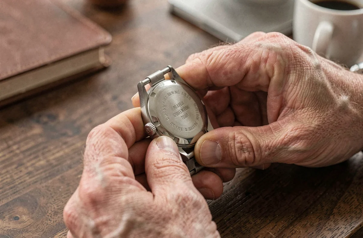 Montre homme personnalisée tenue dans des mains masculines, posée sur un bureau en bois avec gravure visible sur le fond de boîtier