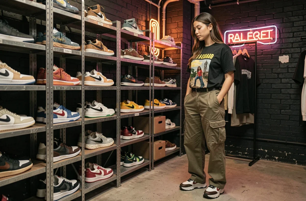 Boutique Opium Paris avec son ambiance streetwear sombre et urbaine, une cliente inspectant des sneakers sur des étagères industrielles