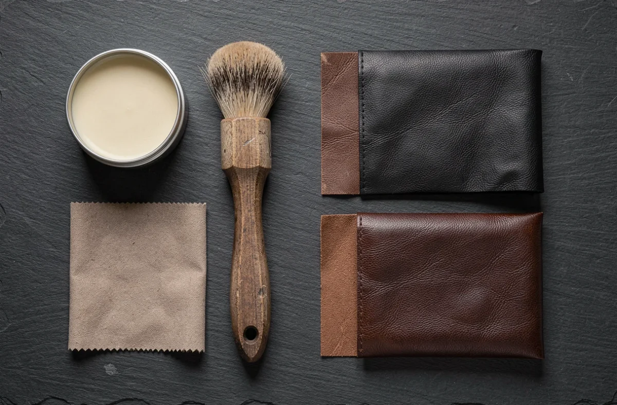 Flat lay des outils pour cirer une veste en cuir : brosse en crin, chiffon microfibre, cire neutre et manche de blouson cuir poli et non poli côte à côte