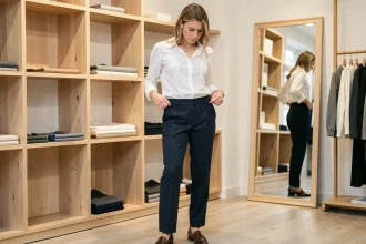 Femme tenant la ceinture de son pantalon qui glisse dans une boutique de vêtements, illustrant le problème du tissu extensible en fin de journée