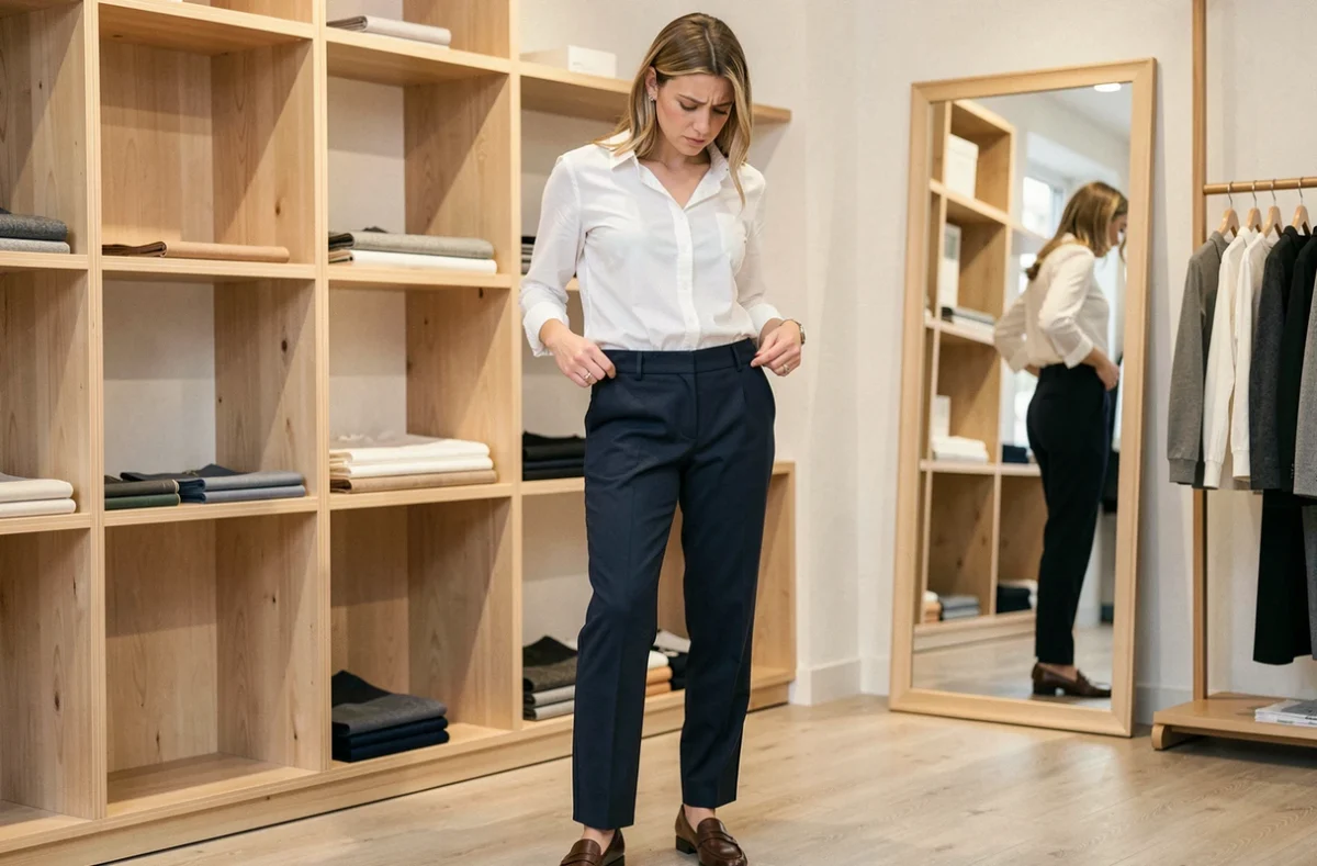Femme tenant la ceinture de son pantalon qui glisse dans une boutique de vêtements, illustrant le problème du tissu extensible en fin de journée