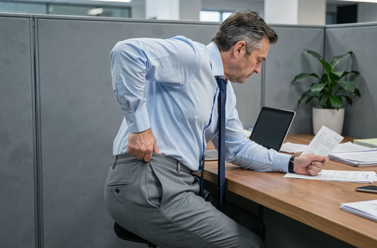 Homme en costume de bureau tirant son pantalon gris vers le haut en milieu de journée de travail, signe d'un tissu synthétique qui perd de sa tenue
