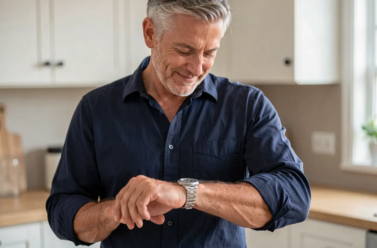 Homme d'une cinquantaine d'années regardant sa montre personnalisée au poignet avec un sourire nostalgique dans une cuisine moderne