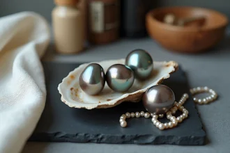 Trois perles de culture de Tahiti aux reflets peacock, aubergine et argenté posées sur une coquille d'huître brute et un tissu de lin ivoire, dans un studio de joaillerie minimaliste.