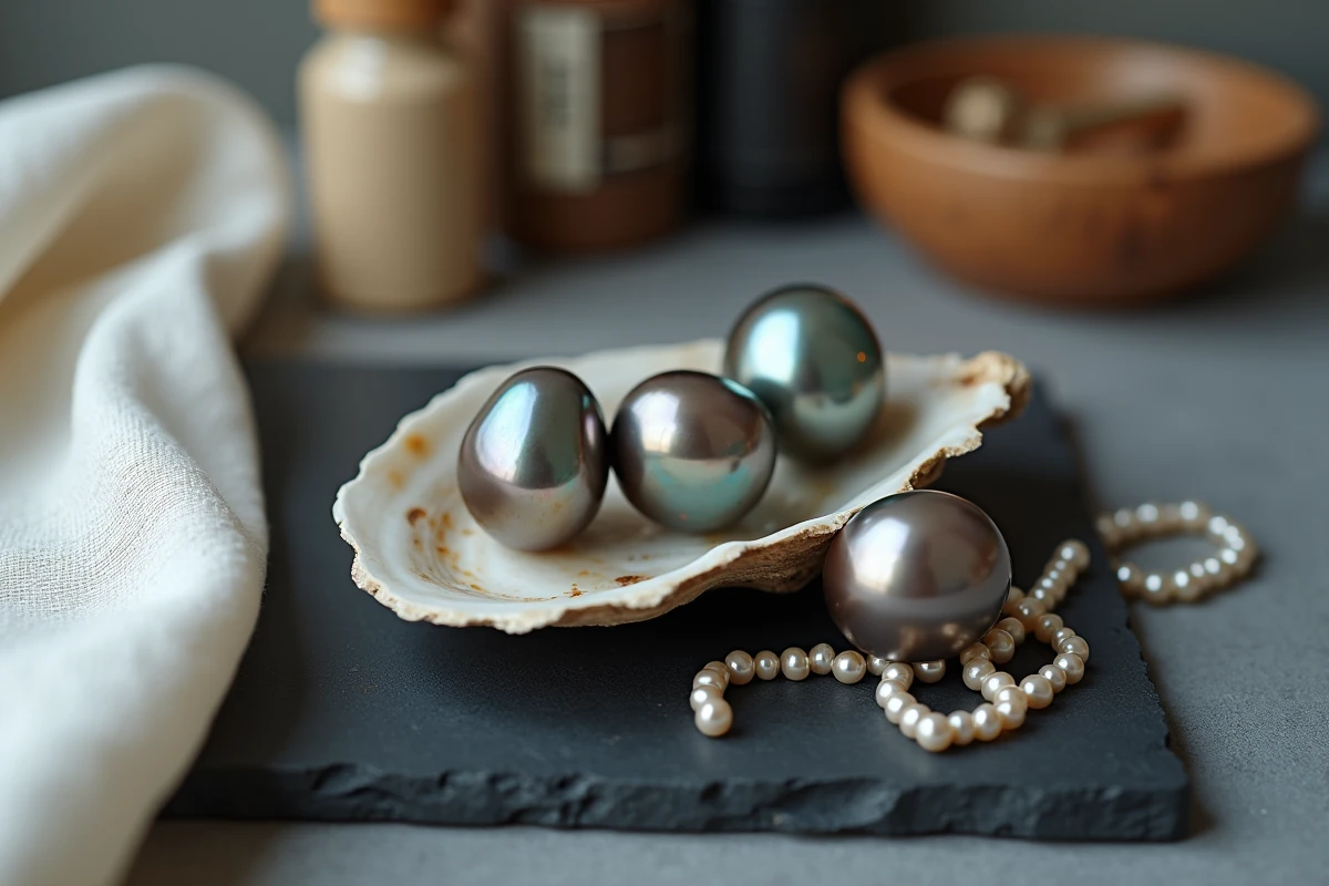 Trois perles de culture de Tahiti aux reflets peacock, aubergine et argenté posées sur une coquille d'huître brute et un tissu de lin ivoire, dans un studio de joaillerie minimaliste.