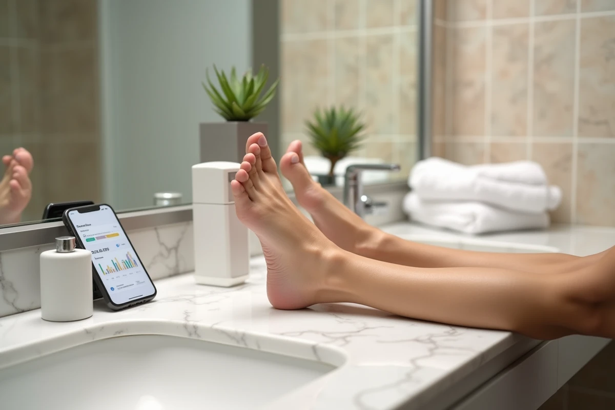 Pieds nus posés sur un comptoir en marbre à côté d'un smartphone affichant des revenus en ligne, concept de vente anonyme de photos de pieds
