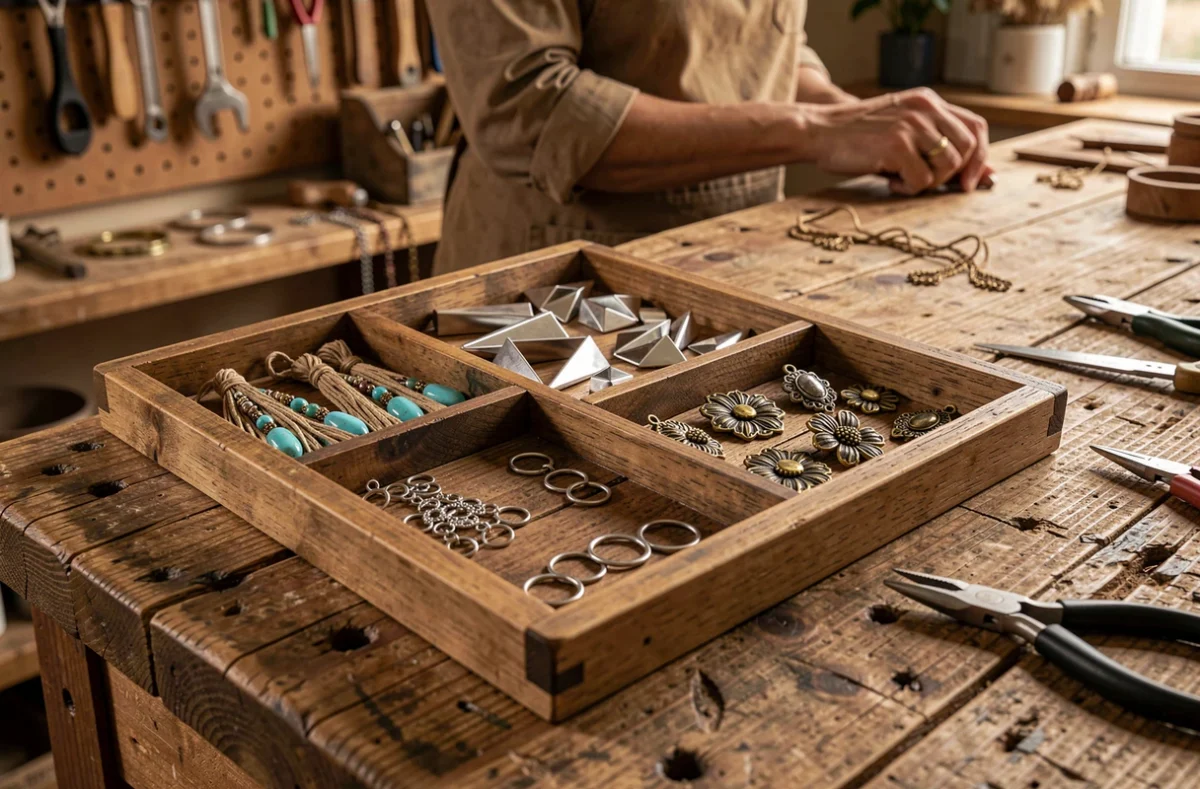 Plateau de breloques triées par style bohème et chic sur établi en bois, atelier création bijoux artisanal