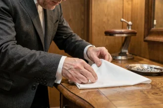 Homme en costume charbon pliant une pochette blanche avec soin sur une coiffeuse en bois