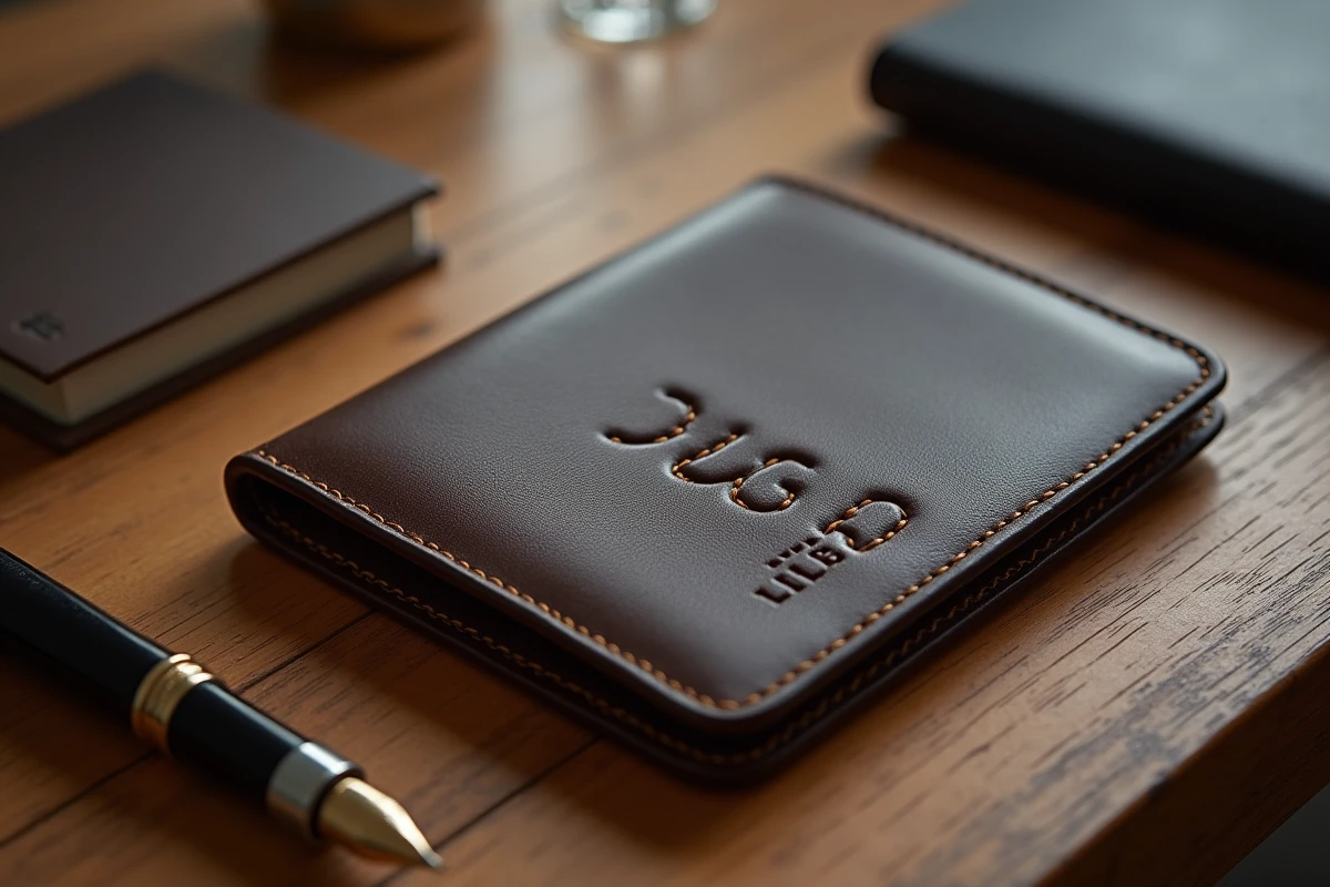 Gros plan d'un portefeuille en cuir personnalisé avec monogramme brodé or et logo gravé posé sur un bureau en chêne