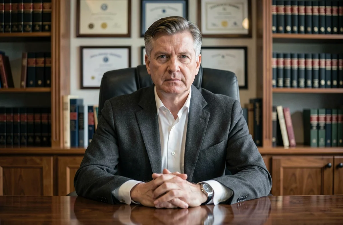 Portrait d'un homme distingué en costume assis à un bureau dans une bibliothèque professionnelle
